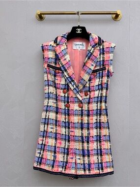CHANEL Pink Blue Cream Tweed Double-Breasted Sleeveless Dress